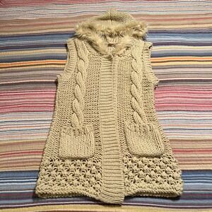 Bellini Women's Beige Cable Knit‎ Faux Fur Hooded Vest Cardigan Size L